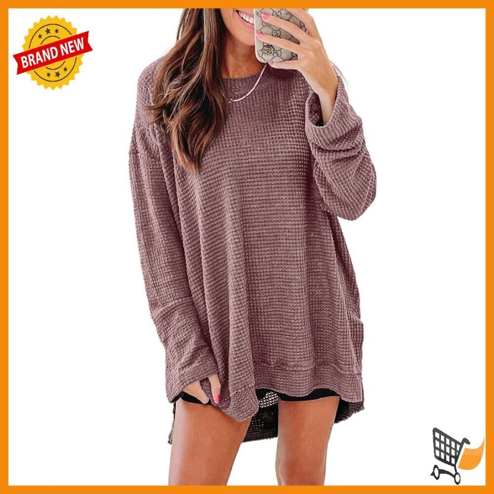 Oversized Waffle Knit Crewneck Sweatshirt Tunic Top Long Sleeve